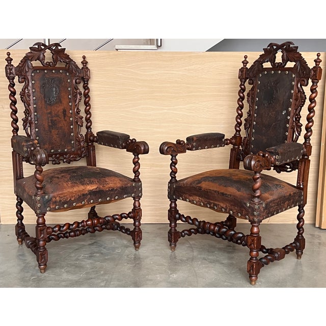 Mid 19th Century Pair of Colonial Catalan Spanish Altar Armchairs With Carved Leather For Sale - Image 5 of 12
