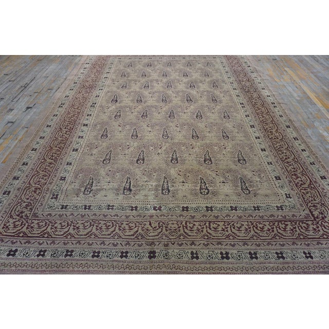 Textile 1900s Beige Paisley Floral Room Size Antique Knotted Wool Indian Agra Carpet Rug For Sale - Image 7 of 10