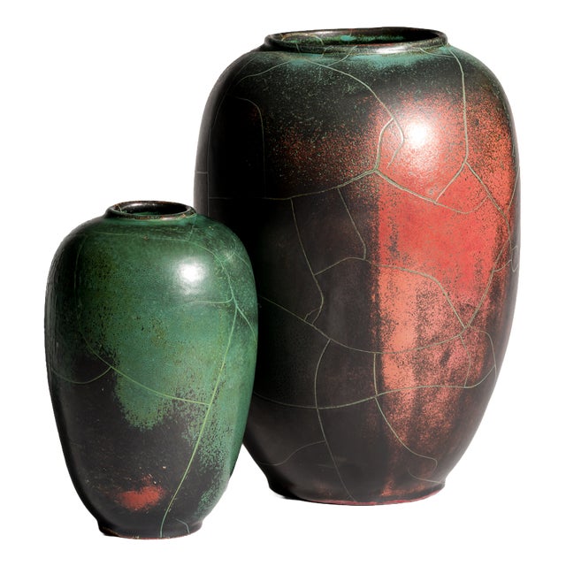 Art Deco Bauhaus Copper Glazed Studio Ceramic Vases by Paul Dresler Grootenburg, Germany, 1940s, Set of 2 For Sale