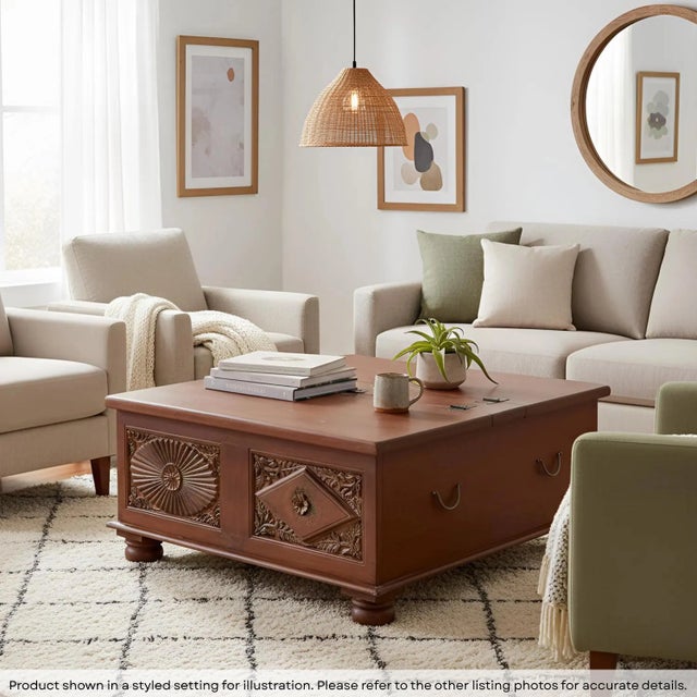 Dimensions: 41" W x 41" D x 18" H This Trunk Storage Coffee Table piece utilizes old architectural elements, re-claimed...