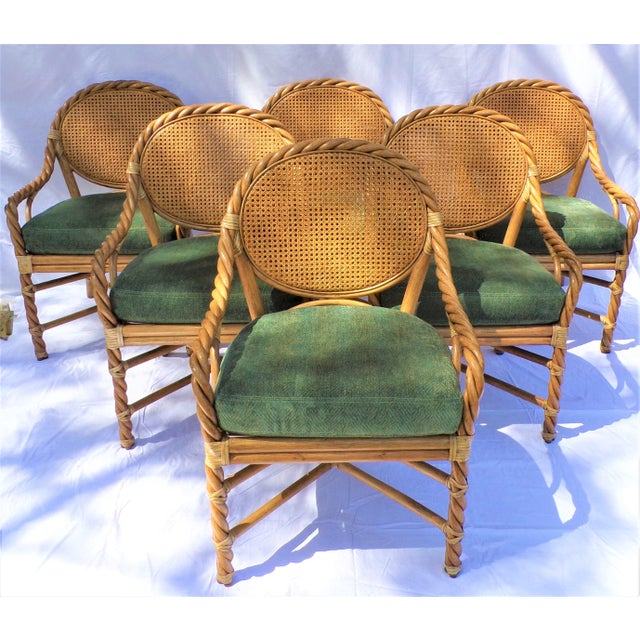 Vintage McGuire Furniture Pecan Finish Twisted Rattan & Cain Arm Chairs