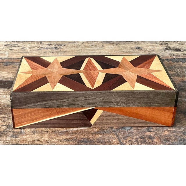 Late 20th Century Vintage Marquetry Wooden Tan Star Box For Sale - Image 5 of 12