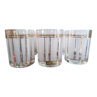 Vintage Mid-Century Modern Culver 22k "ServeMates" Glasses ~ Set of 6 ~ Frosted Stripe Pattern, Gold Trim, Double Old Fashioned Rocks Glasses For Sale