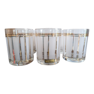 Vintage Mid-Century Modern Culver 22k "ServeMates" Glasses ~ Set of 6 ~ Frosted Stripe Pattern, Gold Trim, Double Old Fashioned Rocks Glasses