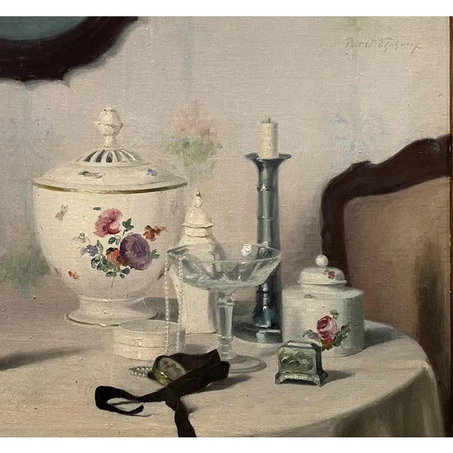Still Life with Glass and Porcelain is an artwork realized by Paul Walter Erhardt (1872-1959). Oil on canvas, signed upper...