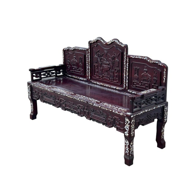 1990s Chinese Red Rosewood & Mother of Pearl Bench For Sale - Image 5 of 12