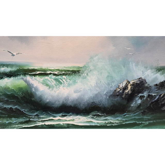 Textile Vintage Mid Century Oil on Canvas Picture Painting Ocean Wave Crashing by Gavin For Sale - Image 7 of 18