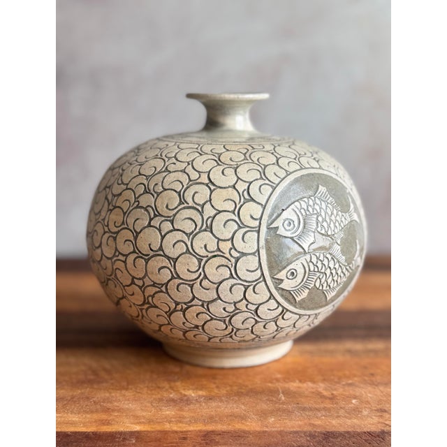 Late 20th Century Korean Buncheong Style Stoneware Vase | Fully Hand-Incised Cloud Scroll Carp Medallion | Moon Jar Form | Korean Character Mark For Sale - Image 5 of 12