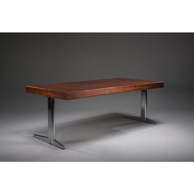 Maroon Executive Desk in Fine Hardwood Veneer on Nickel-Plated Steel Legs, 1970s For Sale - Image 8 of 18