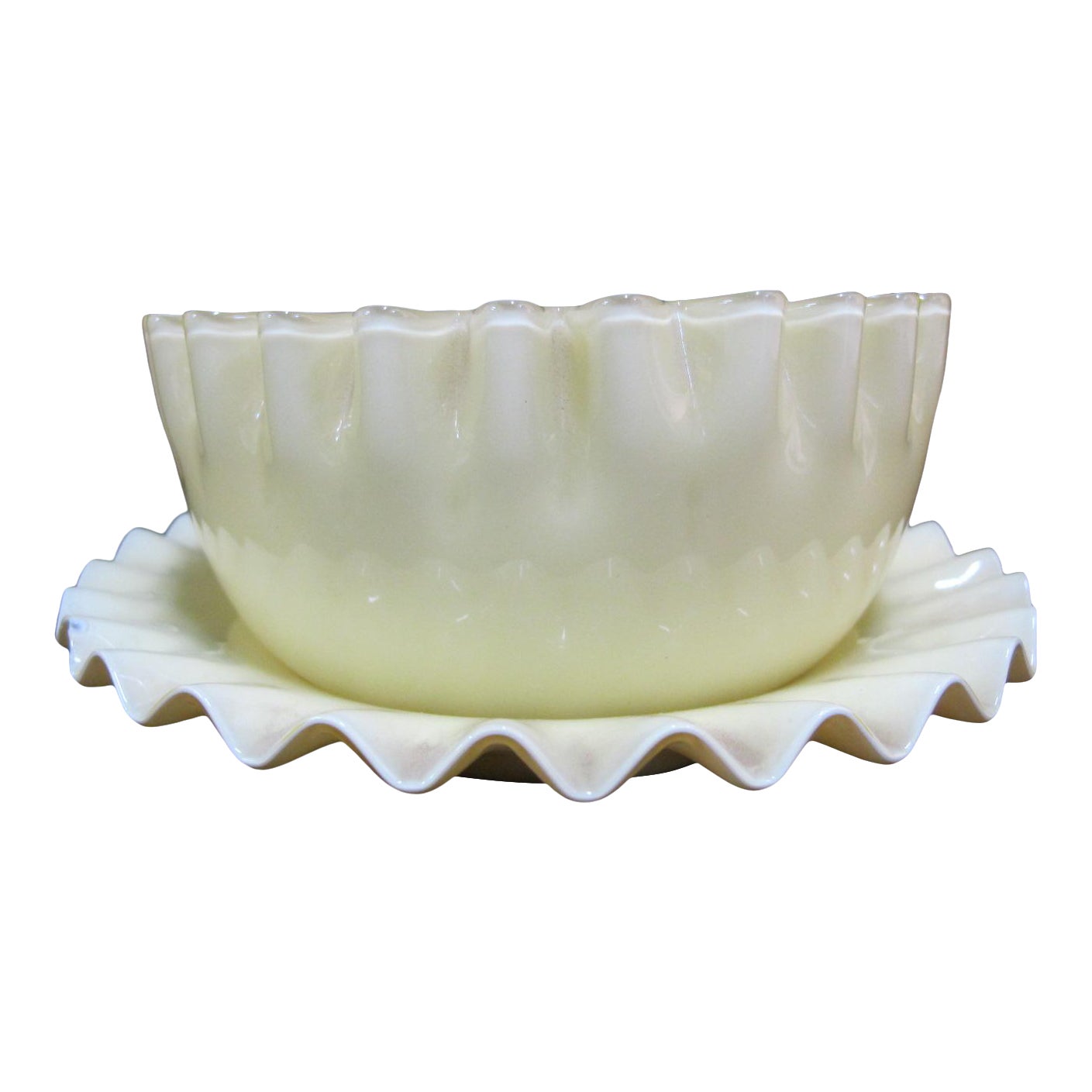 Antique Yellow Ruffled Art Glass Finger Bowl With Underplate | Chairish