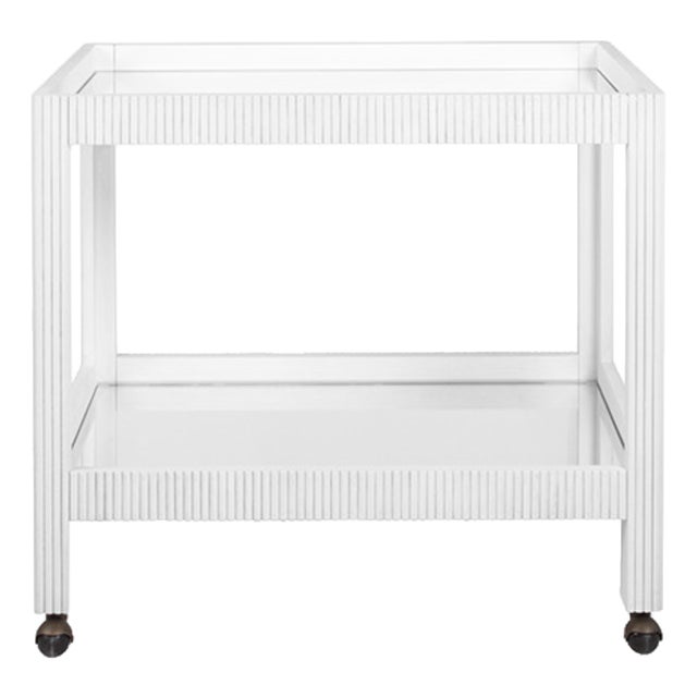 Matthew Izzo Home Otis Fluted White Washed Oak Bar Cart With For Sale