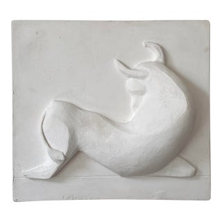 Vintage Modernist Bas-Relief Bull Plaster Sculpture For Sale