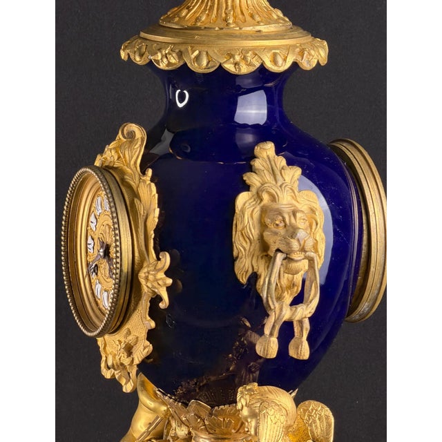 Gold Antique Napoleon III Mantel Clock in Bleu De Sèvres Porcelain and Chased Ormolu, 1865 For Sale - Image 8 of 17
