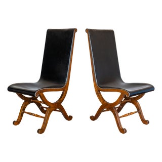 Spanish Dining Chairs in Oak and Leather by Pierre Lottier Valmazan, 1960s, Set of 2 For Sale