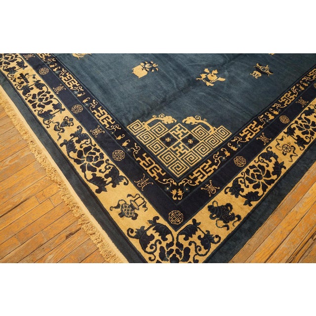 Nice Blue Background Color Refined Minimalist Design Antique Chinese Peking Rug For Sale - Image 9 of 12