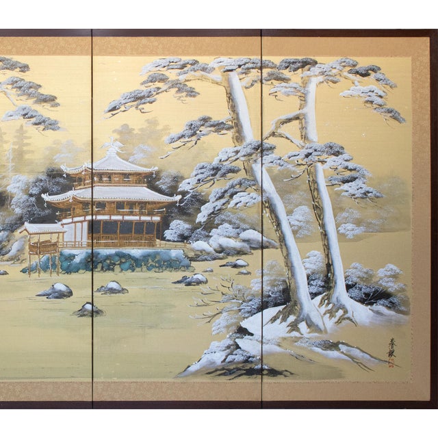 Japanese 1960s "Winter Landscape With Temple", Showa Era Japanese Silk Byobu Screen For Sale - Image 3 of 18