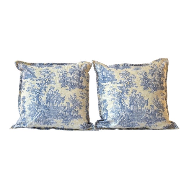 A Pair of Custom Butter Yellow and Blue Toile Pillow Shams For Sale