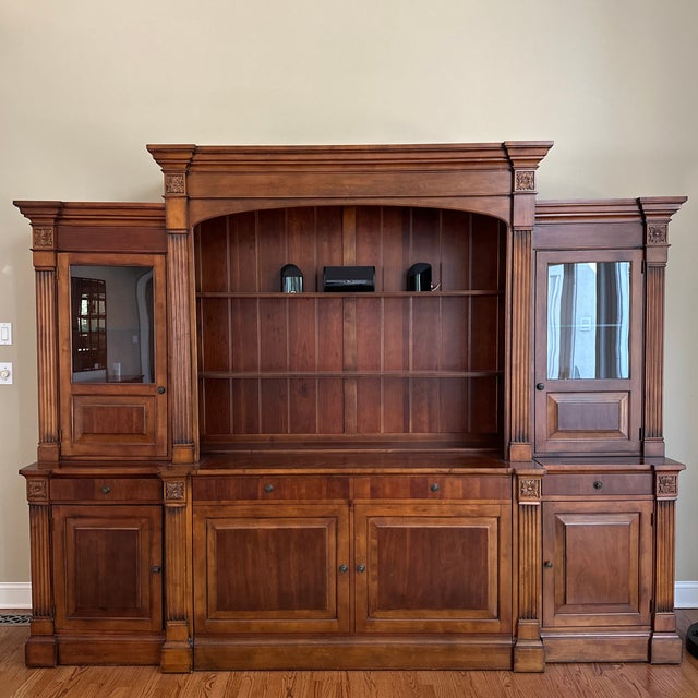 Three piece solid wood Tuscan media cabinet with button controlled tv lift fits 46 inch tv