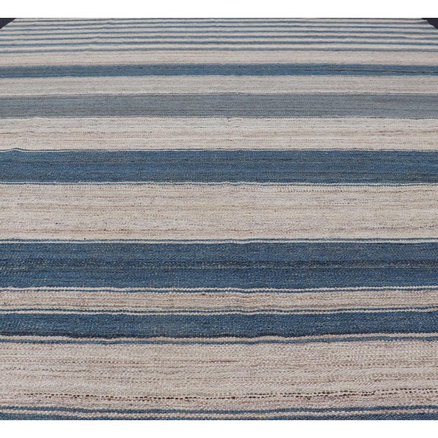 Textile Flat-Weave Kilim Blue Rug by Keivan Woven Arts, Striped Design 8'8 X 12'0 For Sale - Image 7 of 12