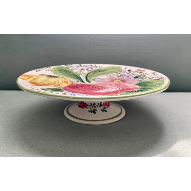 Ceramic Vintage Hand Painted Italian Floral Cake Stand For Sale - Image 7 of 10