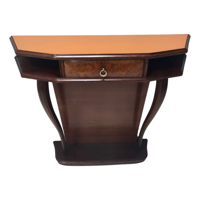 Vintage Beech and Walnut Root Console Table with Orange Glass Top, 1950s For Sale