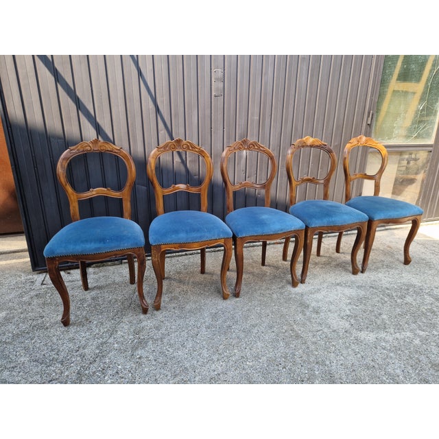 Louis Philippe Chairs in Walnut and Blue Velvet, 1950s, Set of 5 For Sale - Image 13 of 15