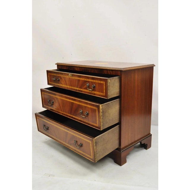Vintage English Edwardian Style Mahogany Pinwheel Inlay 3 Drawer Dresser Chest For Sale - Image 10 of 12