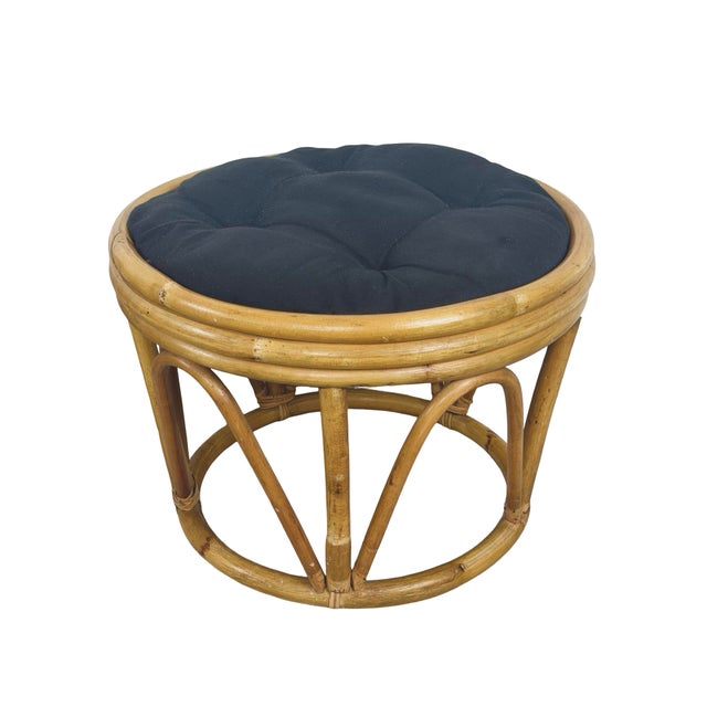 Pair of 1970s Vintage Rattan and Bamboo Round Ottoman Footstools For Sale - Image 18 of 18