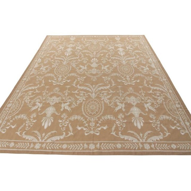 Transitional Rug & Kilim’s Aubusson Style Flat Weave in Beige-Brown, White Floral Pattern For Sale - Image 3 of 5