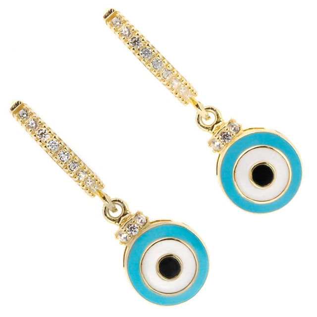 Turquoise Enamel Diamond Hoop Evil Eye Earrings, A Pair For Sale - Image 4 of 9