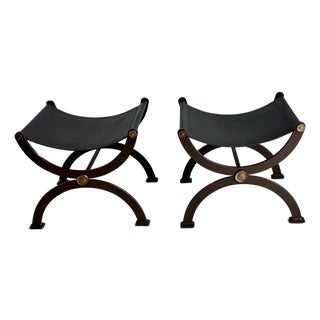 Pair of French Empire Style Hand-Wrought Iron, Brass & Black Saddle Leather Curule Stools For Sale