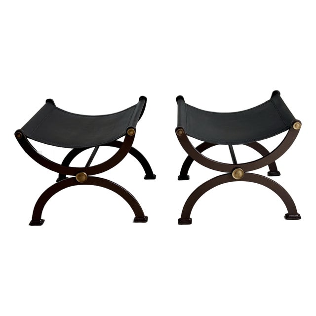 Pair of French Empire Style Hand-Wrought Iron, Brass & Black Saddle Leather Curule Stools For Sale