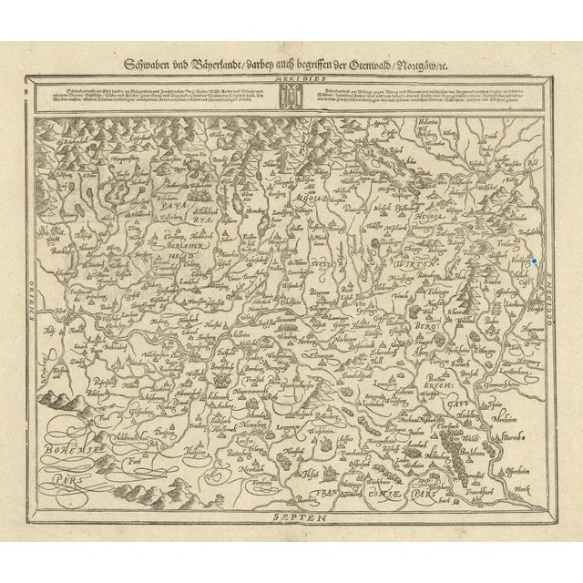 Title: Early Woodcut Map of Swabia and Bavaria, 16th Century This early woodcut map titled "Schwaben und Bayernlande /...