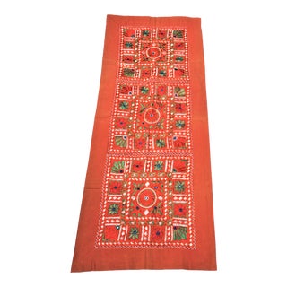 Vintage Orange Embroidered Indian Tapestry Table Runner in the Banjara Style For Sale