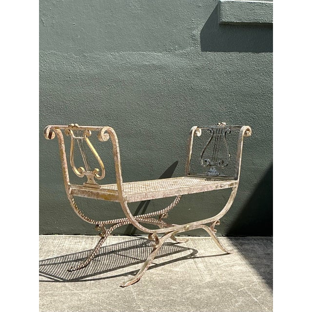 Vintage Neoclassical Wrought Iron Lyre Bench For Sale - Image 10 of 12