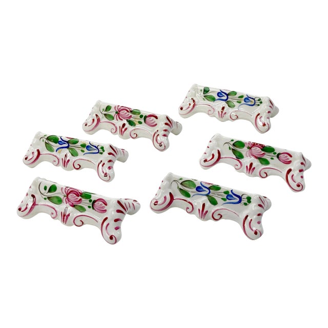 Antique French Porcelain Hand-Painted Knife Rests, S/6 For Sale