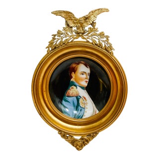 Early 20th Century Miniature Napoleon Portrait on Ceramic in Imperial Eagle Faux-Gilt Frame For Sale