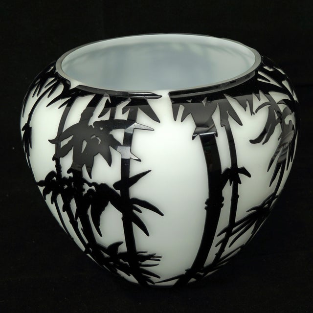 Wood Contemporary Mid-Century Modern Revival Black & White Cased Glass Bamboo Vase For Sale - Image 7 of 12