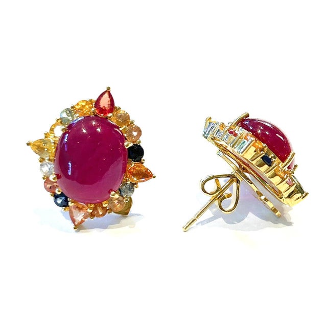 Bochic “Capri” Vintage Ruby & Multi Pastel Sapphire & Tourmaline Earrings Set In 18K Gold & Silver Natural Opal Oval Shape...