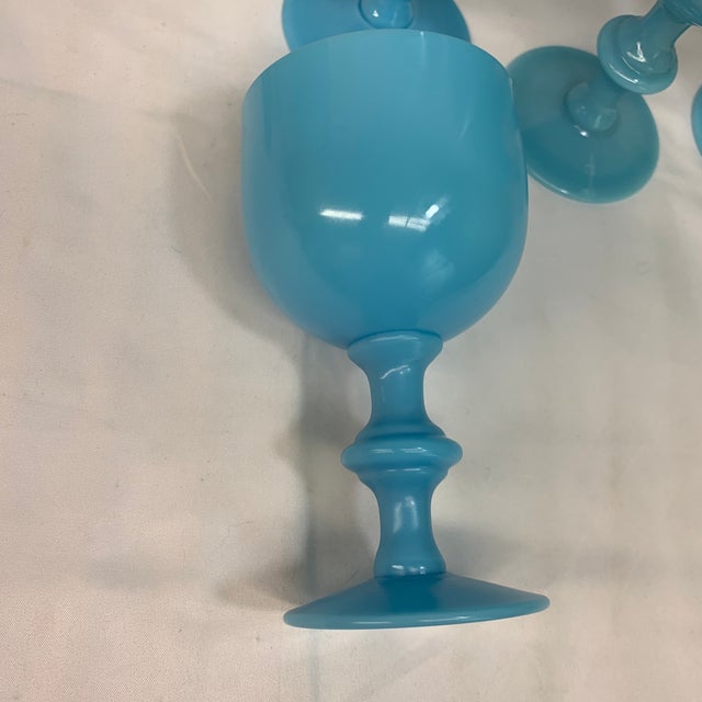Portieux Vallerysthal Vintage 5” French Portieux Vallerysthal Robin’s Egg Blue Opaline Glass Goblets - Set of 5 For Sale - Image 4 of 6