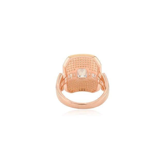 Metal Rose Gold Plated Art Deco Ring With Emerald Cut & Baguette Cubic Zirconia - Size 8 For Sale - Image 7 of 10