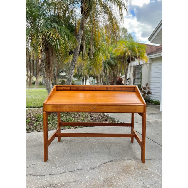 Mid 20th Century Danish Tambour Executive Desk With Leather Work Surface and Roll-Top | Lock + Key in the Style of Dyrlund For Sale - Image 5 of 13