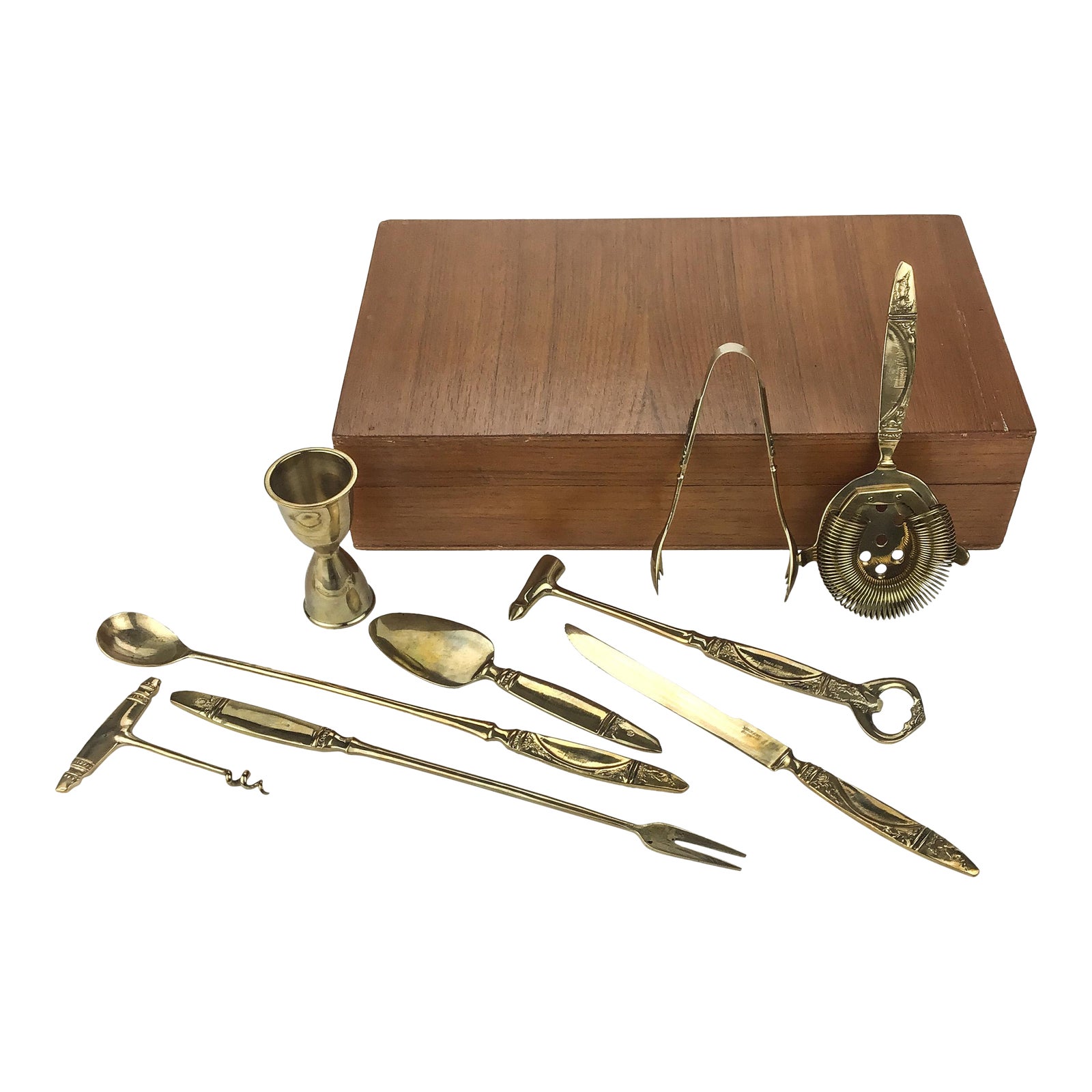 1960s Golden Brass Bar Tool Set With Wood Box 10 Pieces Chairish