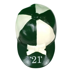 The "21" Club Green & White Jockey Cap Bottle Opener