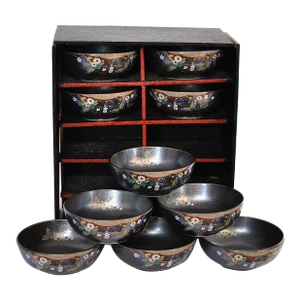 Authentic Black Satsuma Condiment Bowls With Wood Cabinet Display - 10 Piece Set