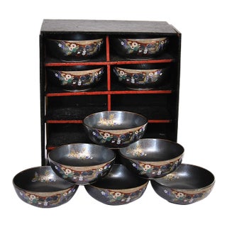 Kagoshima Black Satsuma Condiment Bowls With Wood Cabinet Display - 10 Piece Set For Sale
