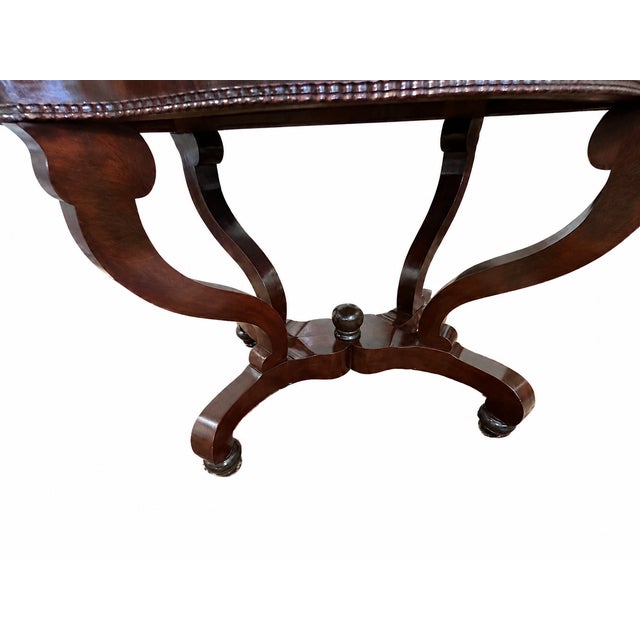 Wood Restored Burled Wood Oval Center Table With Bookmatched Top & Scrolled Pedestal Base For Sale - Image 7 of 8