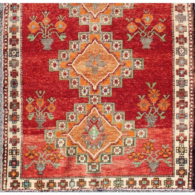 Tribal Vintage Turkish Oushak Runner in Beautiful Royal Red, Light Blue/Gray and Orange 3'3'' X 9'2'' For Sale - Image 3 of 9