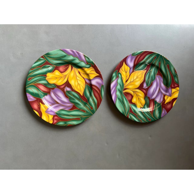 Set of bread or salad plates from Fitz and Floyd. Vibrant multicolored Cloisonne' Tropicana pattern. Features bold floral...