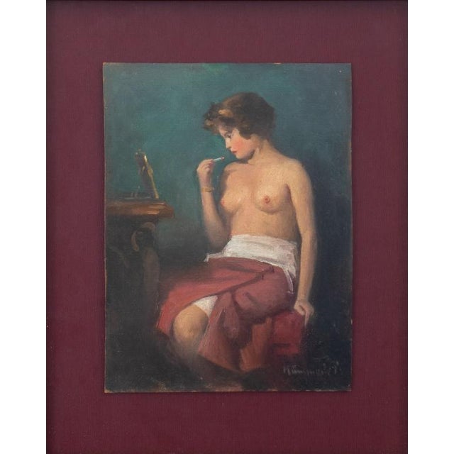Pal Kummerle (Hungarian, 1873-1944), Nude Woman, Oil on Board, depicting seated woman applying lipstick in the mirror,...